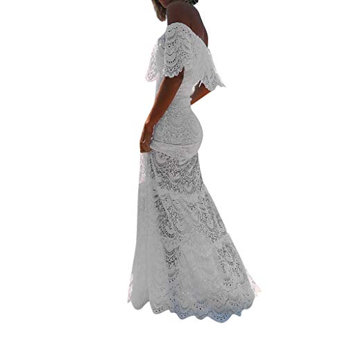 Overdose Vestido Blanco para Damas Cóctel Noche de Fiesta Hombro frío Manga de Volantes Boda Novia Vestido Elegante Puro Encaje Calado Tubo Top Maxi Vestido