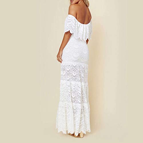 Overdose Vestido Blanco para Damas Cóctel Noche de Fiesta Hombro frío Manga de Volantes Boda Novia Vestido Elegante Puro Encaje Calado Tubo Top Maxi Vestido