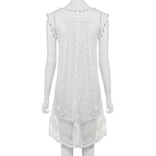 Overdose Vestido Casual Sin Mangas De Encaje De Playa para Mujeres Mini Vestido Casual De Borla O-Cuello SóLido (S, Blanco)