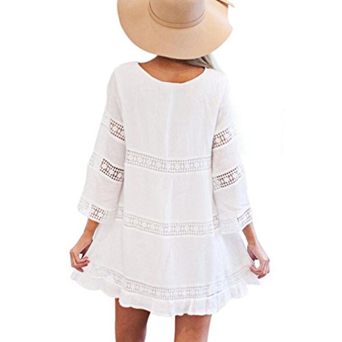 Overdose Vestido Corto De Manga Corta Boho Beach Boho Beach con Encaje De Tres Cuartos para Mujer (XL, Blanco)