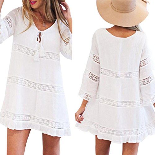 Overdose Vestido Corto De Manga Corta Boho Beach Boho Beach con Encaje De Tres Cuartos para Mujer (XL, Blanco)