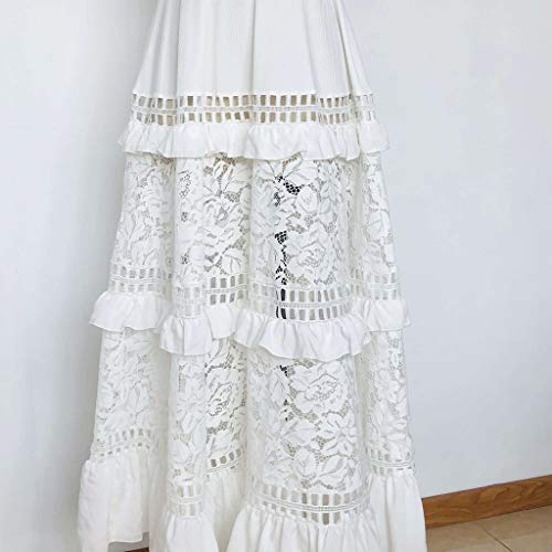 Overdose Vestido De Encaje Boho Mujer Verano Vacaciones Ahueca hacia Fuera Vestido De Tirantes Sólido Vestido Maxi Cuello Alto Vestido Blanco Vestido Coctel Mujer De Novia