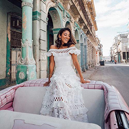 Overdose Vestido De Encaje Boho Mujer Verano Vacaciones Ahueca hacia Fuera Vestido De Tirantes Sólido Vestido Maxi Cuello Alto Vestido Blanco Vestido Coctel Mujer De Novia