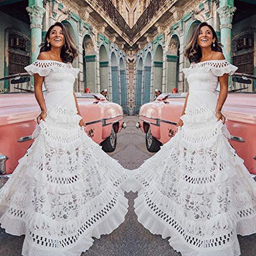 Overdose Vestido De Encaje Boho Mujer Verano Vacaciones Ahueca hacia Fuera Vestido De Tirantes Sólido Vestido Maxi Cuello Alto Vestido Blanco Vestido Coctel Mujer De Novia