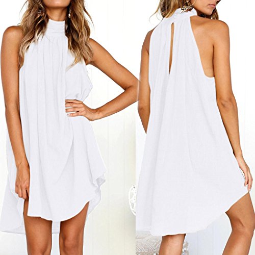 Overdose Vestido De Fiesta Sin Mangas De La Playa del Verano De Las SeñOras AlgodóN Y Lino Bohemio Suelto del Vestido Irregular De Las Mujeres (M, Blanco)