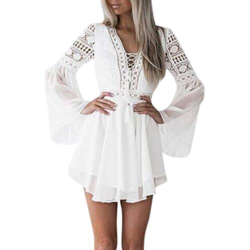 Overdose Vestidos Blancos para Las Mujeres de Encaje de Manga Larga con Cuello en V con Cuello en V sólido Bodycon Cocktail Party Pencil Dress Vendaje Vestidos Estilo de Encaje