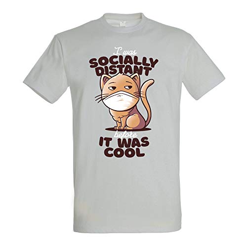 Pampling Camiseta Socially Distant Cat (Talla M) - Gato - Mascarilla - Color Gris - 100% Algodón - Serigrafía