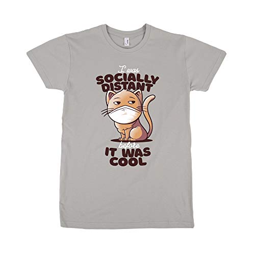 Pampling Camiseta Socially Distant Cat (Talla M) - Gato - Mascarilla - Color Gris - 100% Algodón - Serigrafía