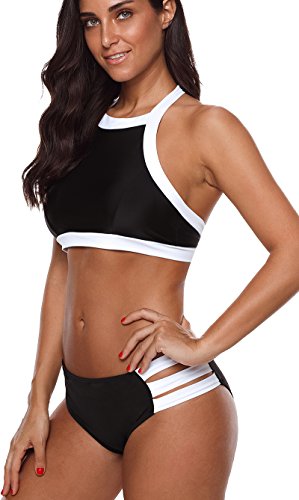 PANOZON Trajes de baño de Las Mujeres Halter Beach Trajes de baño Bikini (L, 1Negro Blanco)