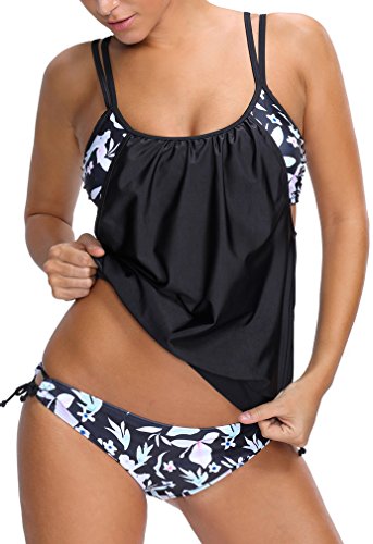 PANOZON Vestido de Traje de Baño de Mujer de Dos Piezas Color de Golpe con Cobertura sobre Vientre y Espalda (2X-Large, Flor)