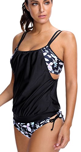 PANOZON Vestido de Traje de Baño de Mujer de Dos Piezas Color de Golpe con Cobertura sobre Vientre y Espalda (2X-Large, Flor)