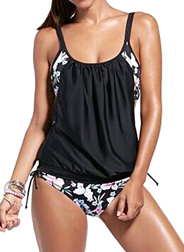 PANOZON Vestido de Traje de Baño de Mujer de Dos Piezas Color de Golpe con Cobertura sobre Vientre y Espalda (2X-Large, Flor)