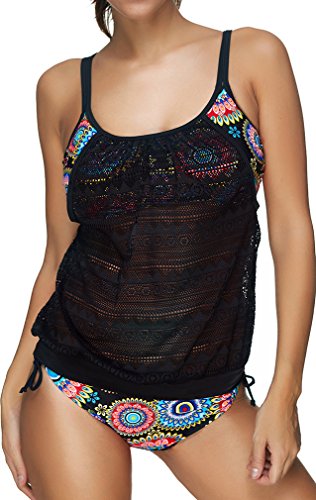 PANOZON Vestido de Traje de Baño de Mujer de Dos Piezas Color de Golpe con Cobertura sobre Vientre y Espalda (Medium, Caleidoscopio)