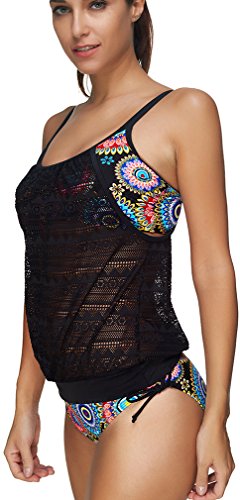 PANOZON Vestido de Traje de Baño de Mujer de Dos Piezas Color de Golpe con Cobertura sobre Vientre y Espalda (Medium, Caleidoscopio)