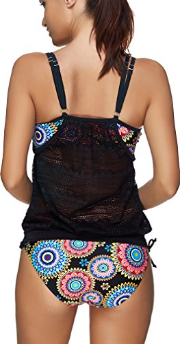 PANOZON Vestido de Traje de Baño de Mujer de Dos Piezas Color de Golpe con Cobertura sobre Vientre y Espalda (Medium, Caleidoscopio)