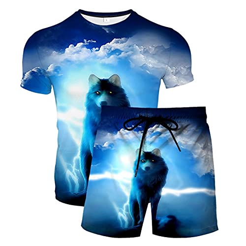 Pantalones Cortos de Playa de Verano con Gráficos con Estampado 3D para Hombre Bañadores de Surf y Camisetas Informales de Manga Corta con Cuello Redondo y Moda(Azul,6XL)