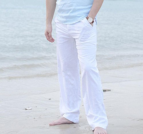 Pantalones de Playa Suelta para Hombres Pantalones de Verano de algodón Suave y Transpirables - cordón Pantalones Largos de Color sólido para Hombres Pantalones Casuales 6 Colores M-3XL