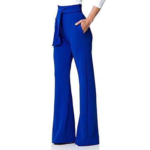 Pantalones Mujer Elegante Fiesta Moda Pantalones Anchos Largos Unicolor Anchos Fashion Pantalones De Tiempo Libre Pantalones De Traje Bastante con Cordón (Color : Blau, Size : L)