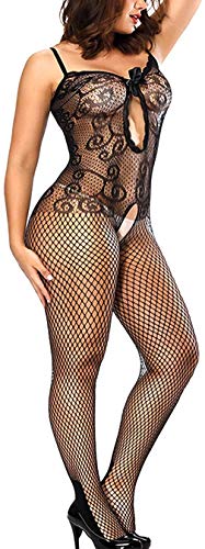 Papapai Ropa Interior de Rejilla para Mujer. Mini Vestido con Pijama de Malla. Body de Encaje, Tirantes elásticos de Malla Abiertos con Medias y Tirantes. (Negro)