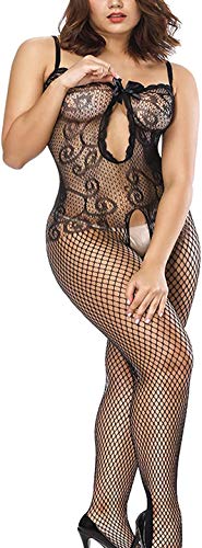 Papapai Ropa Interior de Rejilla para Mujer. Mini Vestido con Pijama de Malla. Body de Encaje, Tirantes elásticos de Malla Abiertos con Medias y Tirantes. (Negro)