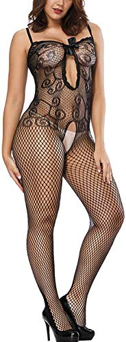 Papapai Ropa Interior de Rejilla para Mujer. Mini Vestido con Pijama de Malla. Body de Encaje, Tirantes elásticos de Malla Abiertos con Medias y Tirantes. (Negro)