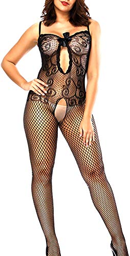 Papapai Ropa Interior de Rejilla para Mujer. Mini Vestido con Pijama de Malla. Body de Encaje, Tirantes elásticos de Malla Abiertos con Medias y Tirantes. (Negro)