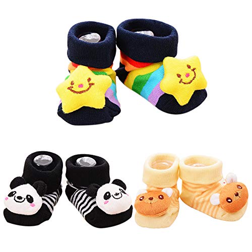 Paquete de 3 Pares Bebé Calcetines Antideslizante Soles Acogedor Dibujos Animados Recién Nacido Bebé Calcetines (S: 0-6 Meses, como el Cuadro demostrado)