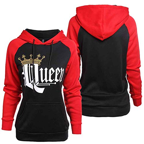 Pareja Impresión Corona King & Queen Sudaderas con Capucha Manga Larga Jersey Camisa de Entrenamiento Hombre Mujer Pullover