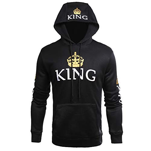 Pareja Impresión Corona King & Queen Sudaderas con Capucha Manga Larga Jersey Camisa de Entrenamiento Hombre Mujer Pullover (Negro, King M+Queen L)