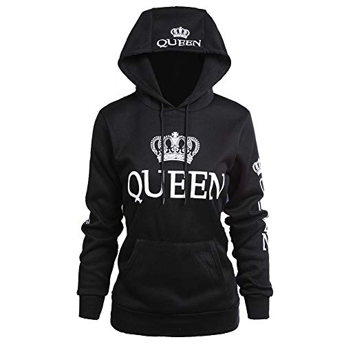 Pareja Impresión Corona King & Queen Sudaderas con Capucha Manga Larga Jersey Camisa de Entrenamiento Hombre Mujer Pullover (Negro, King M+Queen L)