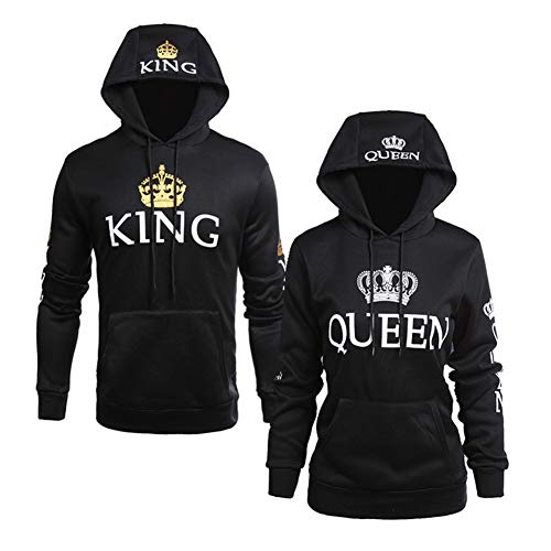 Pareja Impresión Corona King & Queen Sudaderas con Capucha Manga Larga Jersey Camisa de Entrenamiento Hombre Mujer Pullover (Negro, King M+Queen L)