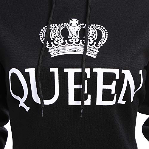 Pareja Impresión Corona King & Queen Sudaderas con Capucha Manga Larga Jersey Camisa de Entrenamiento Hombre Mujer Pullover (Negro, King M+Queen L)