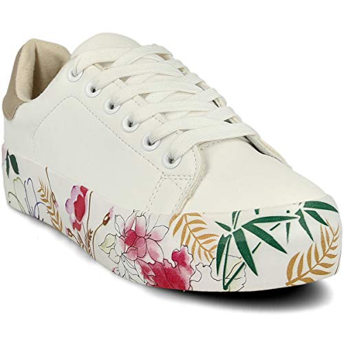 PAYMA - Zapatillas Bambas Deportivas Plataforma Mujer. Tenis Deporte, Casual y Caminar. Cierre Cordones. Interior Acolchado. Acabado Eco Print Floral, Blanco y Estrella.