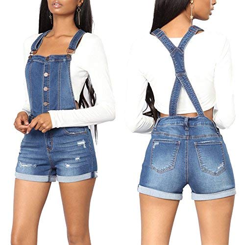 Peto Jeans Mujer Cortos Pantalones Cortos Vaqueros Verano Babero Mode De Marca Elegante Clásico Straps Rasgado Monos Fashion Hipster Día Playsuit Peto (Color : Dunkelblau, Size : S)