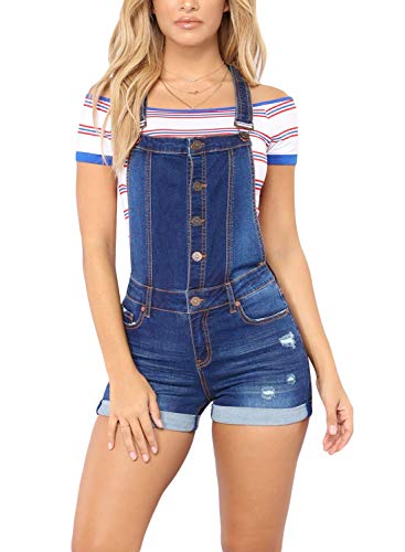 Peto Jeans Mujer Cortos Pantalones Cortos Vaqueros Verano Babero Mode De Marca Elegante Clásico Straps Rasgado Monos Fashion Hipster Día Playsuit Peto (Color : Dunkelblau, Size : S)