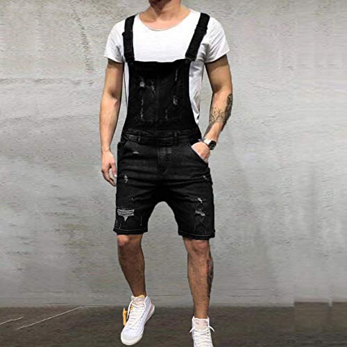 Peto Vaquero Hombre Corto Verano Casual Pantalones Vaqueros de Mono pantalón de Tirantes con Lavado Pantalones de Denim Jeans de Trabajo Overol de Mezclilla Negro 90