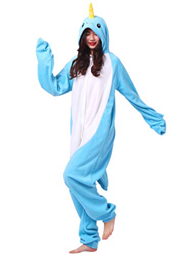 Pijama Animal Entero Unisex para Adultos con Capucha Cosplay Pyjamas Azul Narval Ropa de Dormir Traje de Disfraz para Festival de Carnaval Halloween Navidad