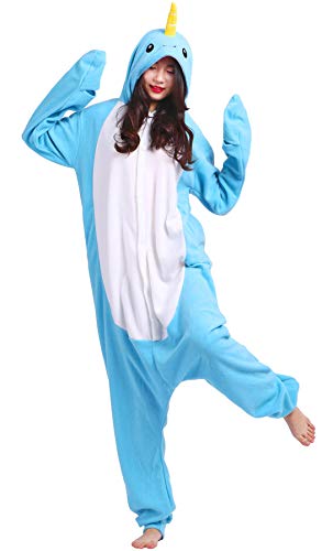 Pijama Animal Entero Unisex para Adultos con Capucha Cosplay Pyjamas Azul Narval Ropa de Dormir Traje de Disfraz para Festival de Carnaval Halloween Navidad