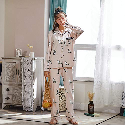 Pijama De Algodón De Manga Larga Para Mujer,Patrón De Pájaro Blanco Pijama,Mujer De Algodón De Manga Larga De Solapa Cardigan Ropa Casual, Soft Comfort Dormir Cálida Y Transpirable Tramo Home Ser