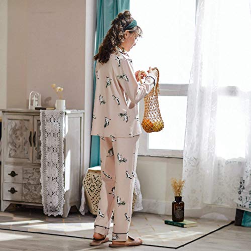 Pijama De Algodón De Manga Larga Para Mujer,Patrón De Pájaro Blanco Pijama,Mujer De Algodón De Manga Larga De Solapa Cardigan Ropa Casual, Soft Comfort Dormir Cálida Y Transpirable Tramo Home Ser