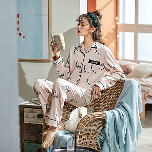 Pijama De Algodón De Manga Larga Para Mujer,Patrón De Pájaro Blanco Pijama,Mujer De Algodón De Manga Larga De Solapa Cardigan Ropa Casual, Soft Comfort Dormir Cálida Y Transpirable Tramo Home Ser