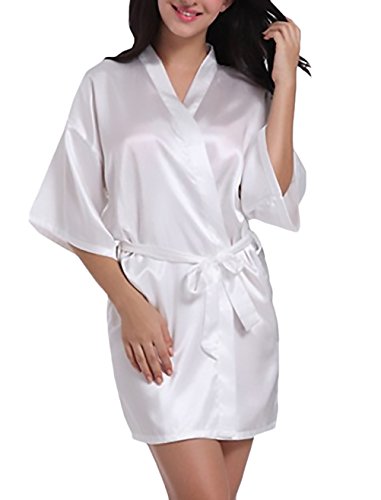 Pijama Mujer Bata Novia Verano Modernas Casual Color Sólido V Cuello con Cinturón Cómodos Suave Corto Albornoz Camisones Kimono (Color : Blanco, Size : M)