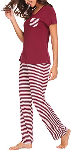 Pijama Mujer De 2 Piezas con Manga Corta Pantalon Largo Ropa De Dormir Algodón Nightwear Elegante Camisetas + Pantalones (Vino Rojo, M)