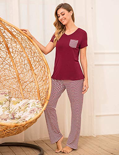 Pijama Mujer De 2 Piezas con Manga Corta Pantalon Largo Ropa De Dormir Algodón Nightwear Elegante Camisetas + Pantalones (Vino Rojo, M)