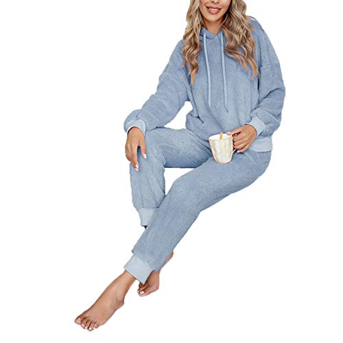 Pijama Mujer Invierno Ropa para Casa Forro Polar Conjunto de Pijama 2 Piezas para Mujer Sudadera de Felpa + Pantalones Largos Color Sólido (Azul, S)