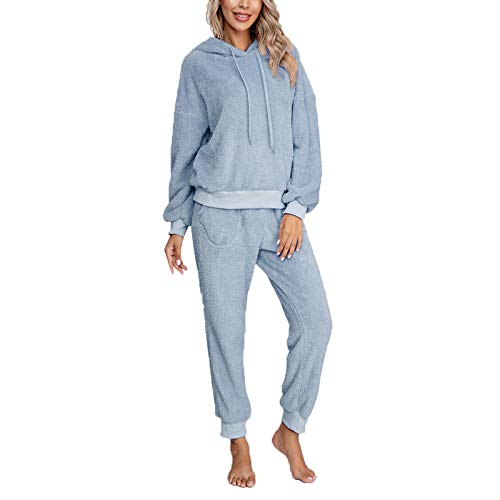 Pijama Mujer Invierno Ropa para Casa Forro Polar Conjunto de Pijama 2 Piezas para Mujer Sudadera de Felpa + Pantalones Largos Color Sólido (Azul, S)