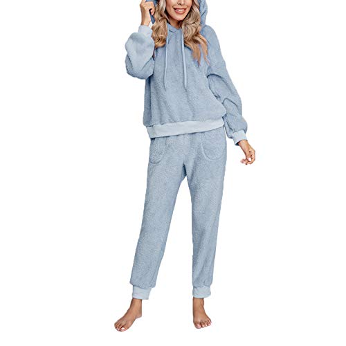 Pijama Mujer Invierno Ropa para Casa Forro Polar Conjunto de Pijama 2 Piezas para Mujer Sudadera de Felpa + Pantalones Largos Color Sólido (Azul, S)