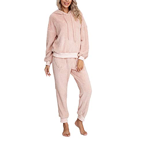 Pijama Mujer Invierno Ropa para Casa Forro Polar Conjunto de Pijama 2 Piezas para Mujer Sudadera de Felpa + Pantalones Largos Color Sólido (Rosa, S)
