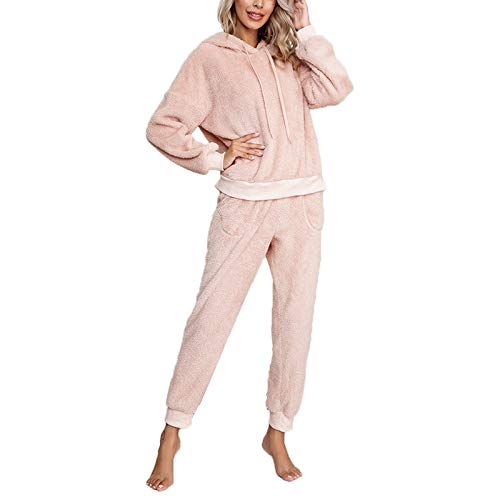 Pijama Mujer Invierno Ropa para Casa Forro Polar Conjunto de Pijama 2 Piezas para Mujer Sudadera de Felpa + Pantalones Largos Color Sólido (Rosa, S)