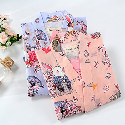 Pijama para Albornoz Yukata Kimono Robe para Mujer [Pink Pray Rabbits]